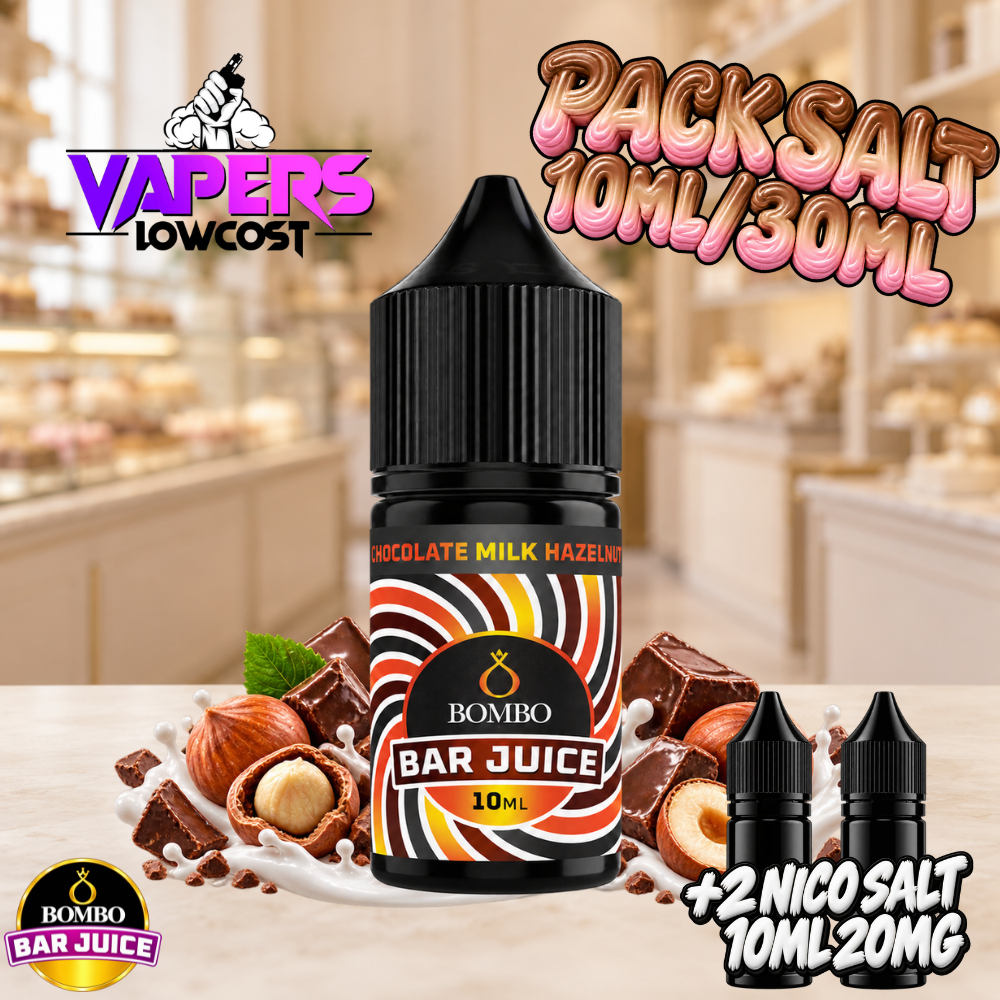 Bombo Bar Juice Chocolate Milk Hazelnut Pack Salts Longfill 10ml en bote de 30ml, sabor chocolate con leche y avellana tostada