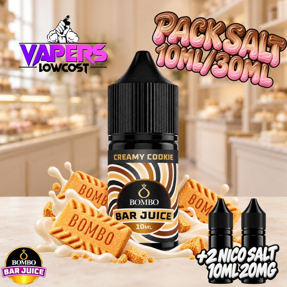 Bombo Bar Juice Creamy Cookie Pack Salts Longfill 10ml en bote de 30ml, sabor galleta de mantequilla con crema dulce