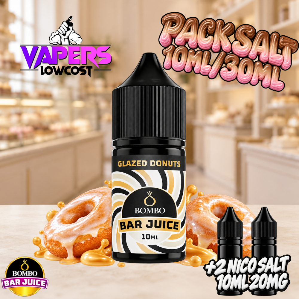 Bombo Bar Juice Glazed Donuts Pack Salts Longfill 10ml en bote de 30ml, sabor donuts esponjosos con glaseado dulce