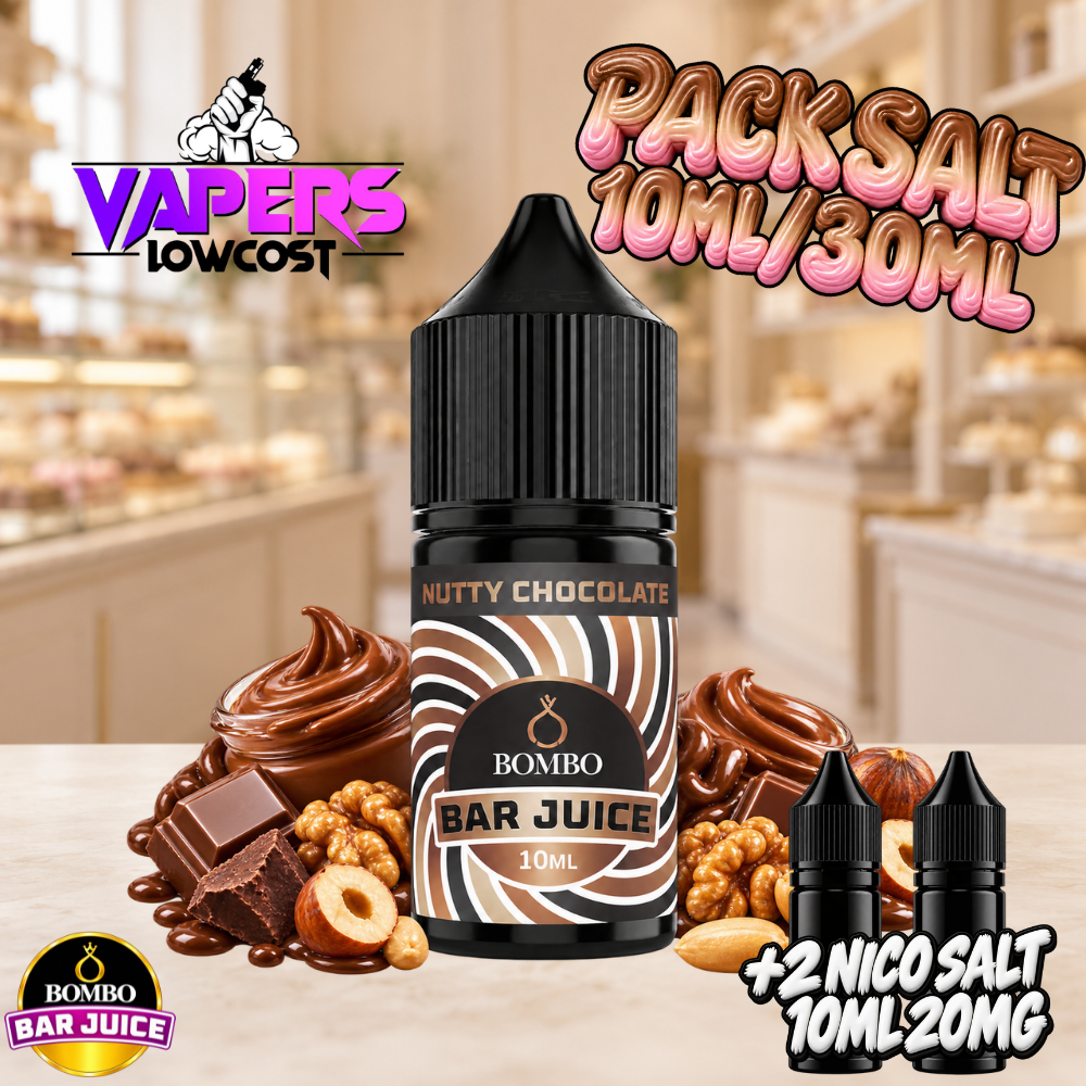 Bombo Bar Juice Nutty Chocolate Pack Salts Longfill 10ml en bote de 30ml, sabor crema de chocolate con frutos secos