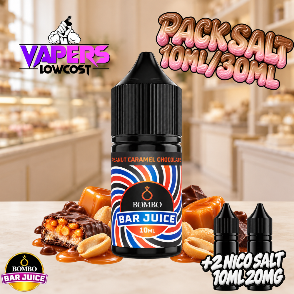 Bombo Bar Juice Peanut Chocolate Pack Salts Longfill 10ml en bote de 30ml, sabor cacahuete, chocolate con leche y caramelo