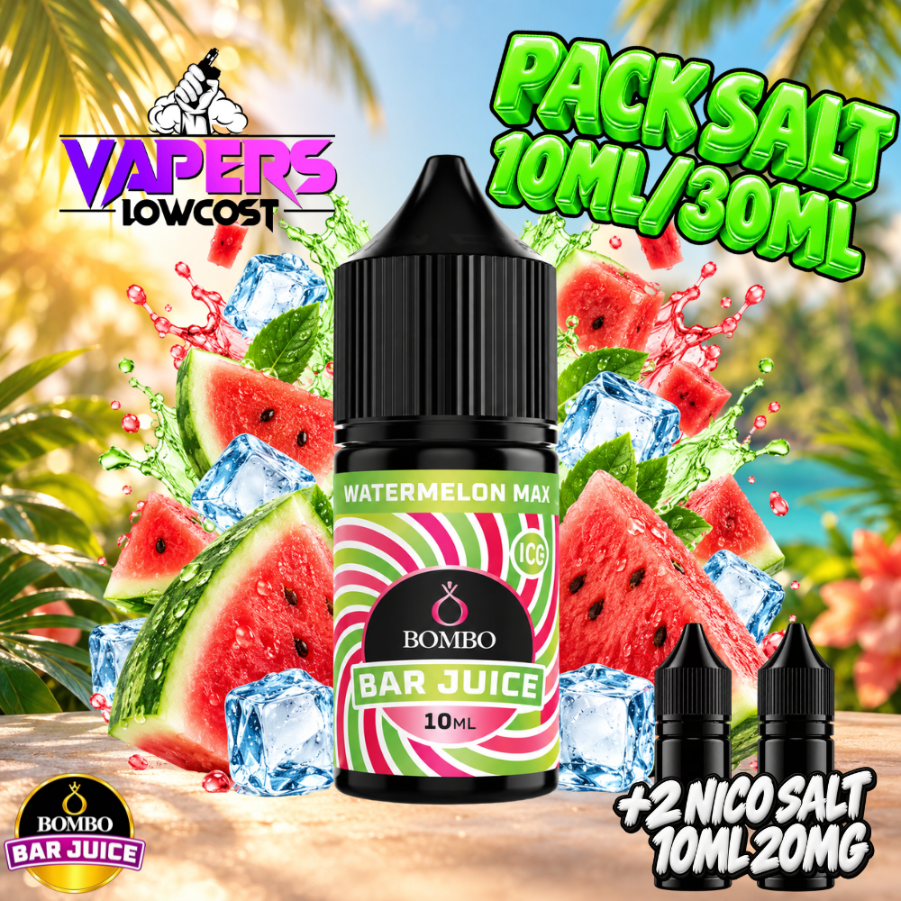 Bombo Bar Juice Watermelon Max Ice Pack Salts Longfill 10ml en bote de 30ml, sabor sandía dulce con hielo intenso