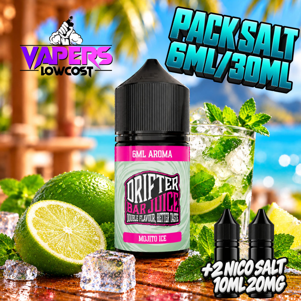 Drifter Bar Pack Salts 6ml/30ml Mojito Ice con lima, menta, hielo y bote centrado en fondo tropical