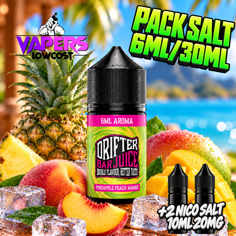 Drifter Bar Pack Salts Pineapple Peach Mango con piña, melocotón, mango y hielo