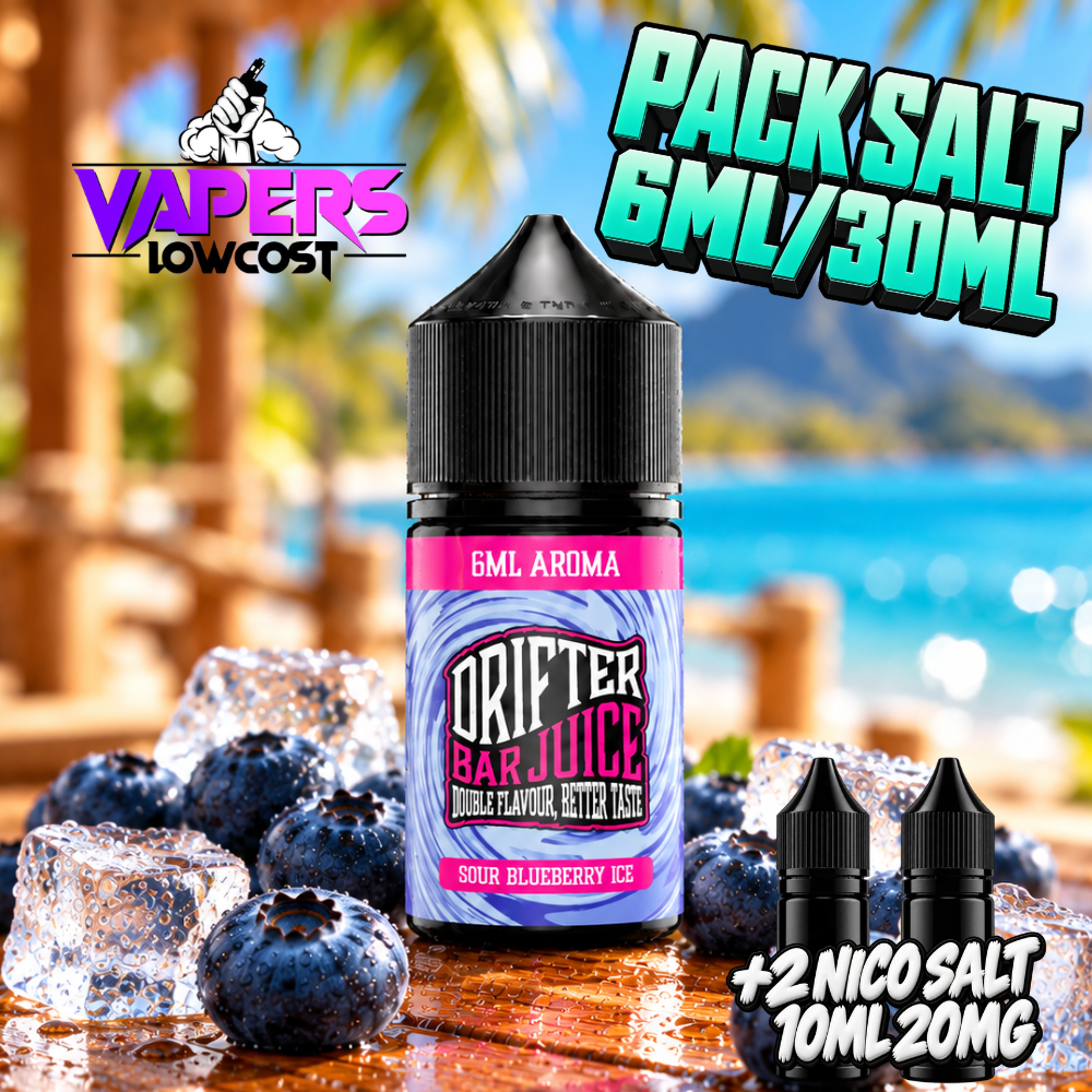 Drifter Bar Pack Salts Sour Blueberry Ice con arándanos y hielo en ambiente tropical