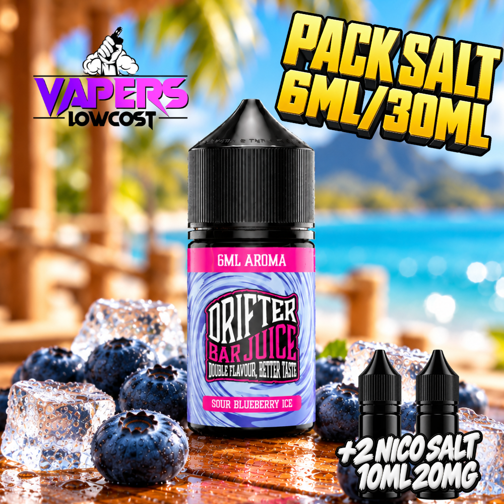 Drifter Bar Pack Salts Sour Blueberry Ice con arándanos y hielo en ambiente tropical
