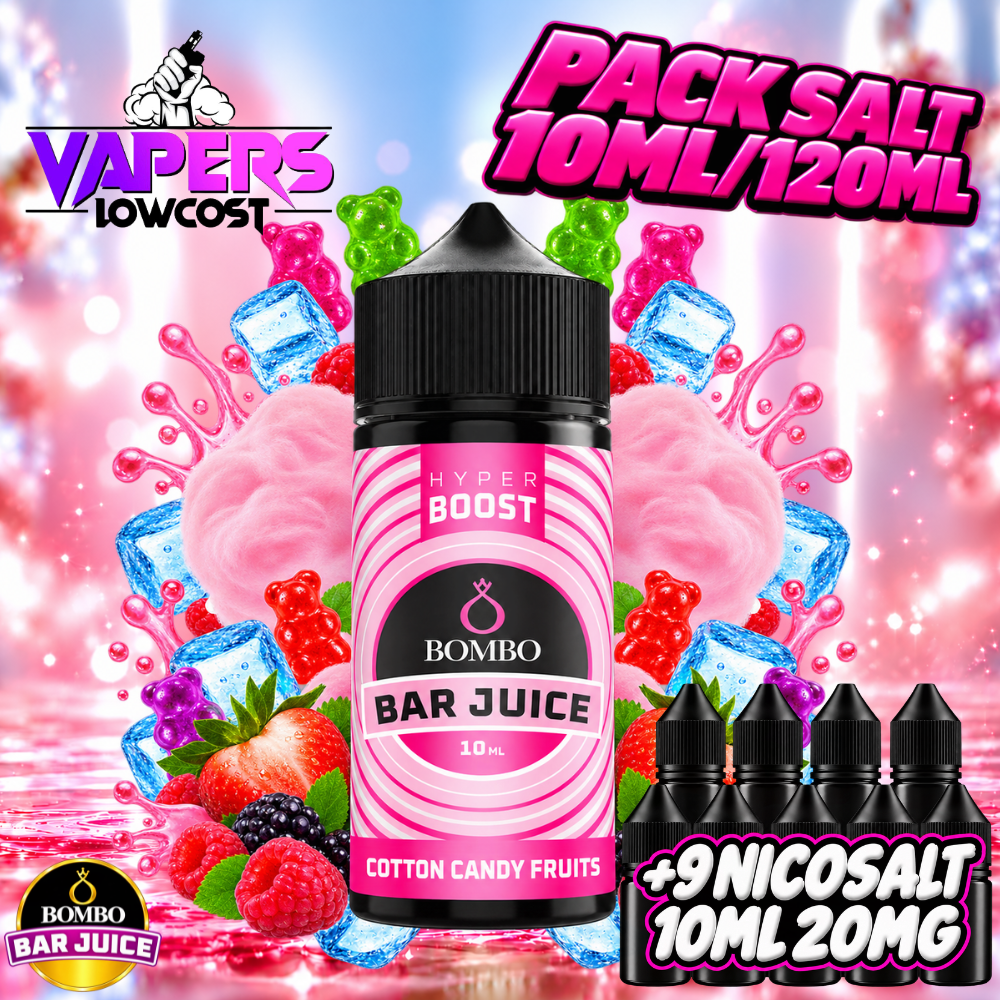 Bombo Bar Juice Hyper Boost Pack Salts 10ml/120ml – Cotton Candy Fruits Ice